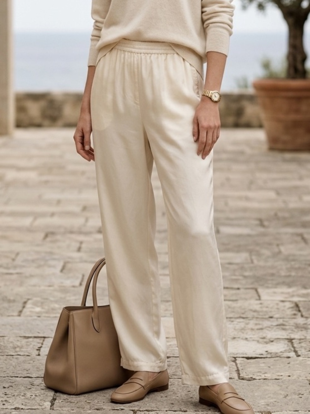 Vintage 100% Silk Wide Leg Pants Cream Ivory High Waist Slouchy Trouser XL